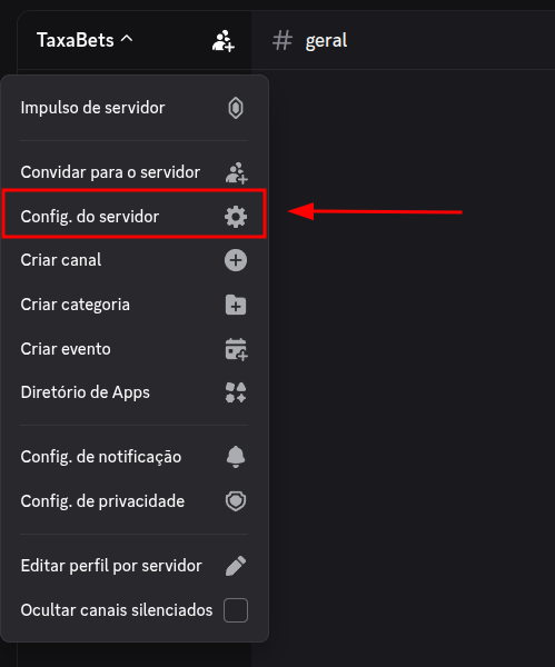 Tela de configurações do servidor no Discord
