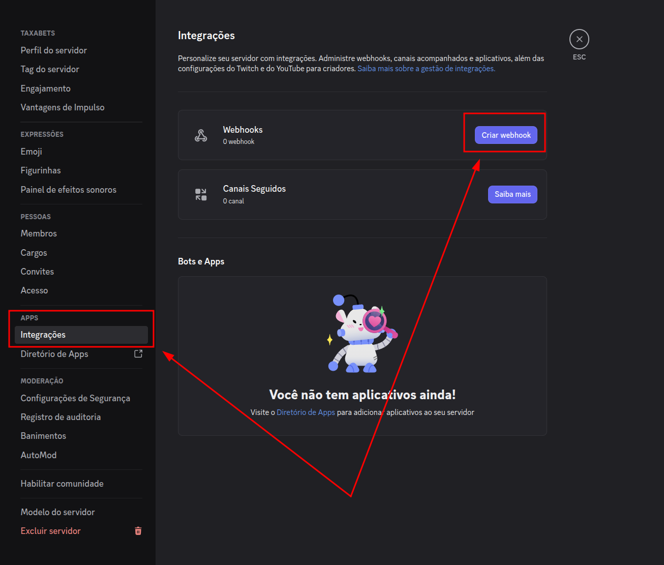 Tela de criação de um novo webhook no Discord