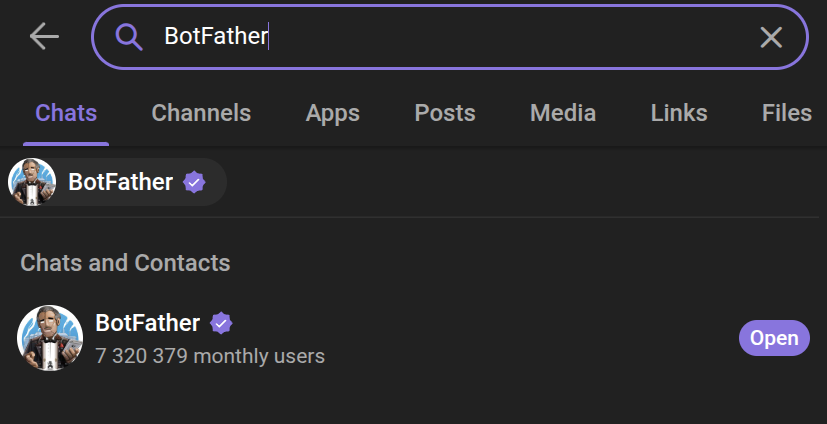 Busca pelo BotFather no Telegram